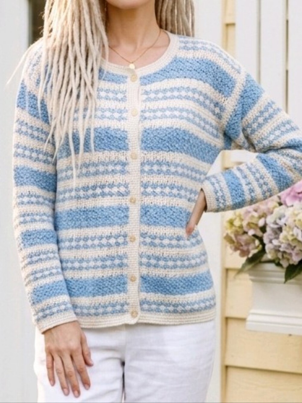 Women's Blue and Cream Button-Front Crewneck Cardigan